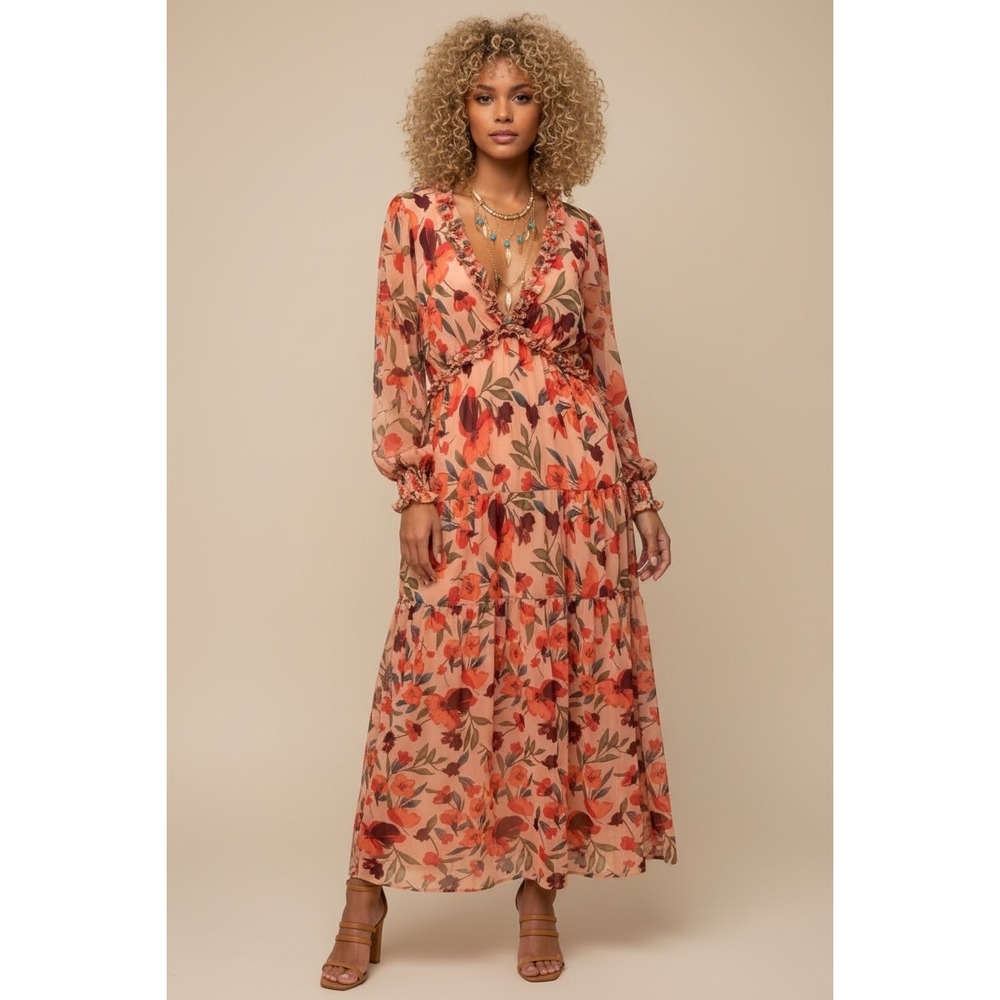 NEW Floral Ruffle V-Neck Tiered Maxi Dress XL Peach Orange Boho Long Sleeve